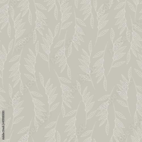 Seamless pattern with willow tree branches and leaves on light blue background for surface design and other design projects. Monochrome realistic line art