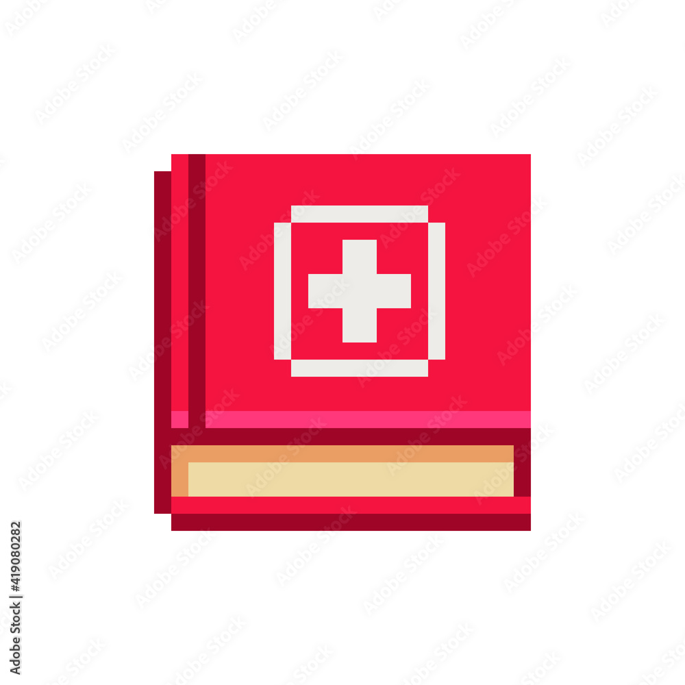 Red book with a medical cross pixel art icon. Isolated vector illustration. 8-bit sprite. Reference book of health. Design stickers, logo, mobile app. Red book with a medical cross pixel art icon. Isolated vector illustration. 8-bit sprite. Reference book of health. Design stickers, logo, mobile app.