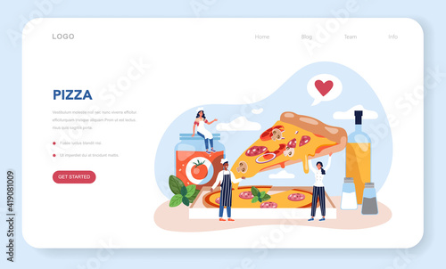 Pizza maker web banner or landing page. Chef cooking tasty delicious pizza.