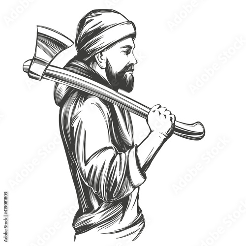 A bearded man in a hoodie holds an axe on his shoulder hand drawn vector illustration sketch