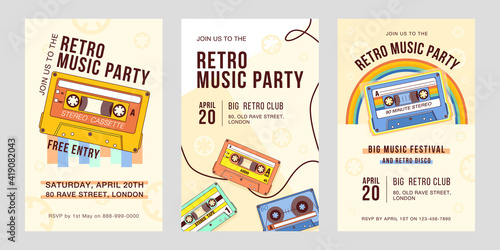 Stylish invitation designs for retro music party. Creative festive holiday invitations with audio cassettes. Retro music and audio equipment concept. Template for leaflet, banner or flyer