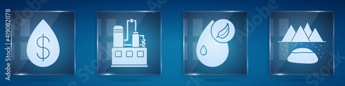 Set Oil drop with dollar, Oil industrial factory building, Bio fuel and Oilfield. Square glass panels. Vector.