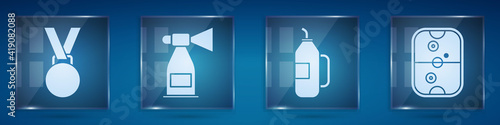 Set Medal, Air horn, Fitness shaker and Air hockey table. Square glass panels. Vector.