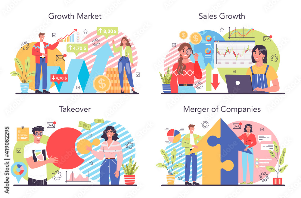 Market growth concept set. Business progress. Company expansion,