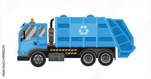 Garbage truck with frontal loader. Collection and transportation of solid household and commercial waste. Blue garbage truck. Vector flat illustration