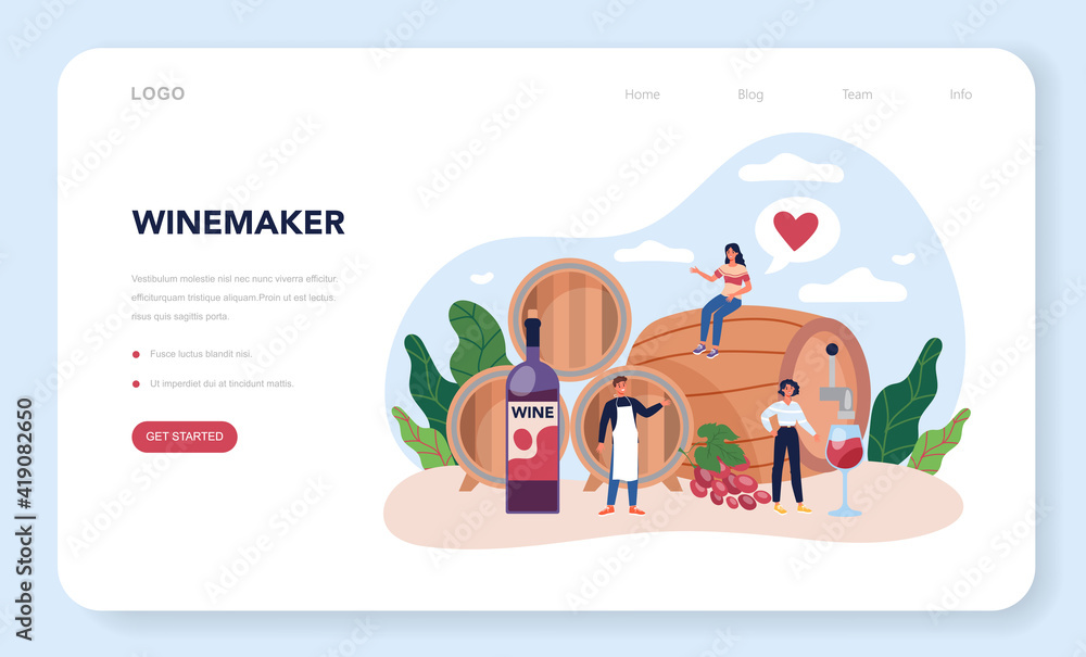 Wine maker web banner or landing page. Grape wine in a wood barrel Wine maker web banner or landing page. Grape wine in a wood barrel