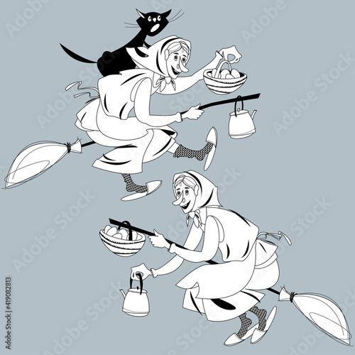 Two elderly women and a cat, a kettle and a basket of eggs flying on broom. Scandinavian Easter tradition. Coloring page.