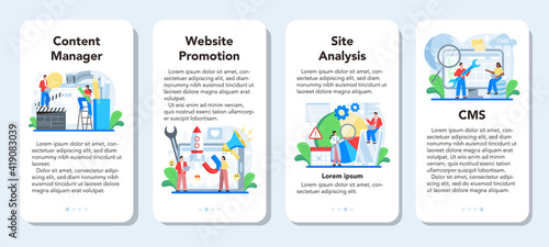 Content management mobile application banner set. Idea of digital strategy