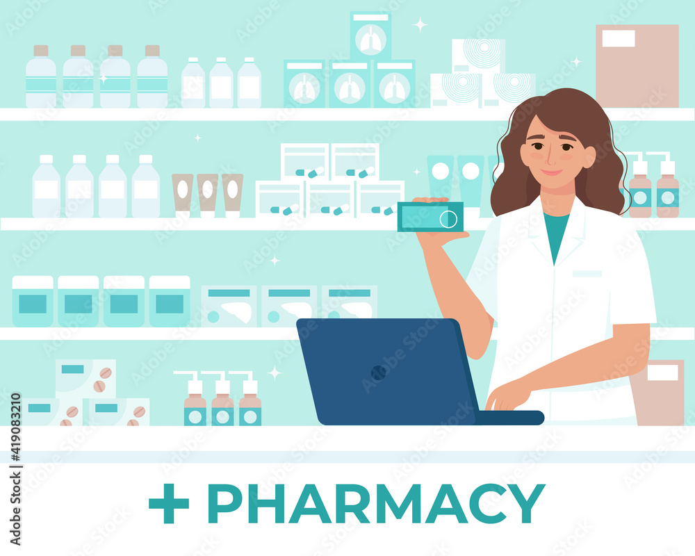 Female pharmacist behind the counter in a drugstore selling medicine. Vector illustration in flat style Female pharmacist behind the counter in a drugstore selling medicine. Vector illustration in flat style