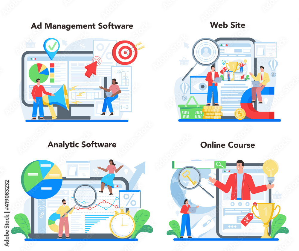 Contextual advertsing online service or platform set. Marketing campaign Contextual advertsing online service or platform set. Marketing campaign