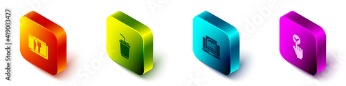 Set Isometric Online ordering and delivery, Paper glass with water, burger and icon. Vector.
