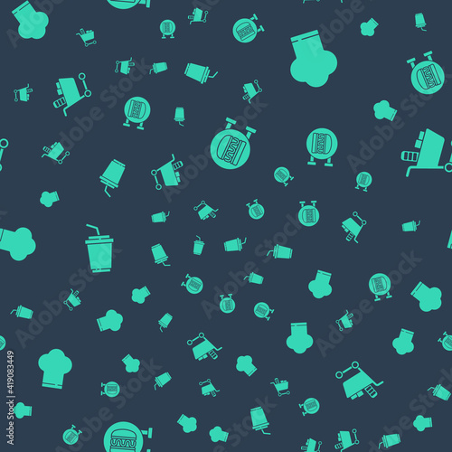 Set Online ordering burger delivery, Chef hat, Paper glass with water and Shopping cart and food on seamless pattern. Vector.