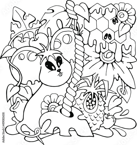 cartoon mouse and a honey bees, isolated black and white funny hand drawn doodle vector illustration for coloring book or printing 