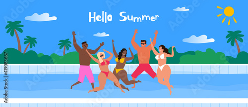 group happy jumping  people spending time in the swimming pool summer party vacation vector illustration