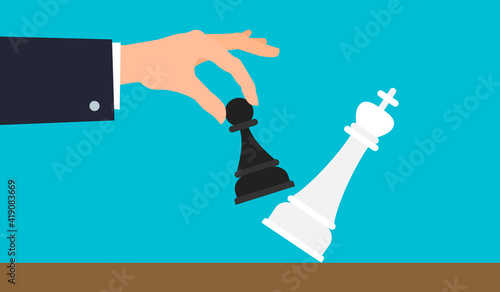 businessman with pawn figure knocking king chess game checkmate business concept vector illustration