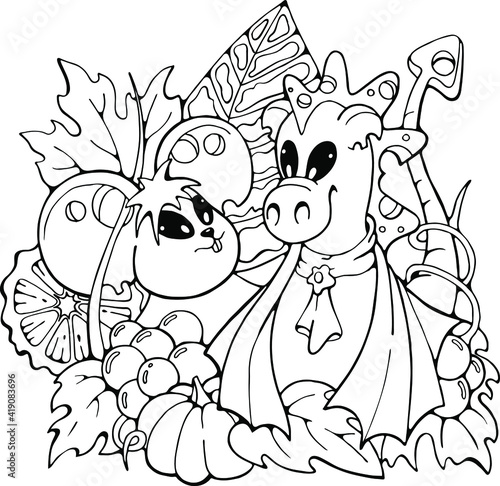 cartoon mouse and a cheese dragon, black and white funny hand drawn doodle vector illustration for coloring book or printing 