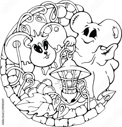 cartoon mouse and a ghost, black and white helloween funny hand drawn doodle vector illustration for coloring book or printing 