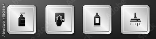 Set Bottle of shampoo, Cleaning service, for cleaning agent and Shower head icon. Silver square button. Vector.