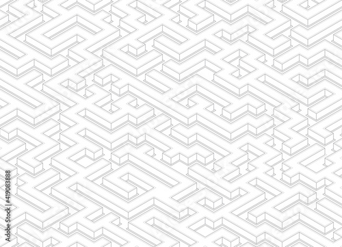 Vector black line geometric seamless texture isometric 3D labyrinth. White background.