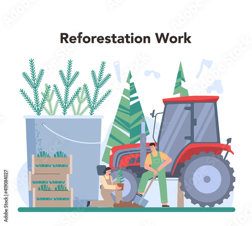 Reforestation. Forester concept. Wood protection and rehabilitation.