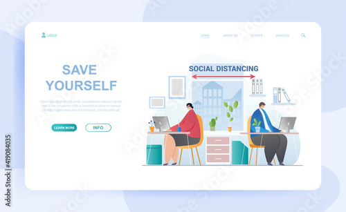 Social distancing concept, with man and woman working in office. Save yourself. Website, web page, landing page template. Flat cartoon vector illustration