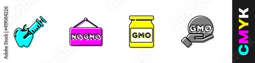 Set Genetically modified apple, No GMO, and icon. Vector.