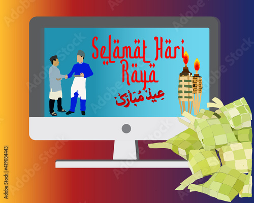 Vector Illustration of a text in malay "Selamat Hari Raya" which a greeting for eid mubarak. Eid Mubarak month of forfiveness is celebrated after the month of Ramadhan. Arabic Word is mean Eid Mubarak