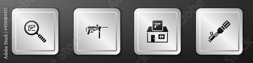 Set Pistol or gun search, Submachine M3, Hunting shop weapon and Anti-tank hand grenade icon. Silver square button. Vector.