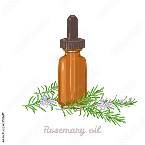 Rosemary essential oil. Amber glass dropper bottle and fragrant flowering rosemary branches isolated on white background. Vector illustration in cartoon flat style.