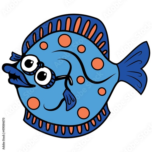 Cartoon blue flounder fish wearing glasses