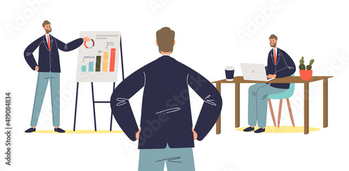 Business presentation of new project or strategy with businessman boss listening to speaker