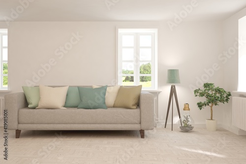 White living room with sofa and summer landscape in window. Scandinavian interior design. 3D illustration