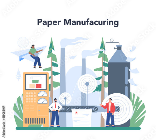 Paper production and wood processing concept. Paper factory process