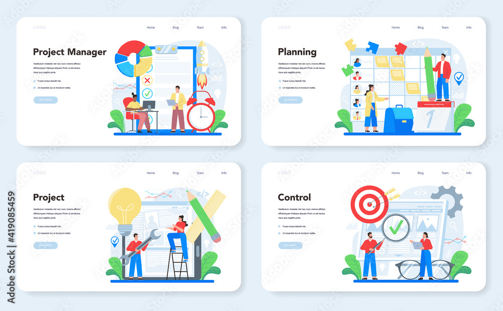 Project management web banner or landing page set. Successful strategy