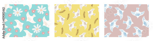 Set of seamless bird and flower patterns