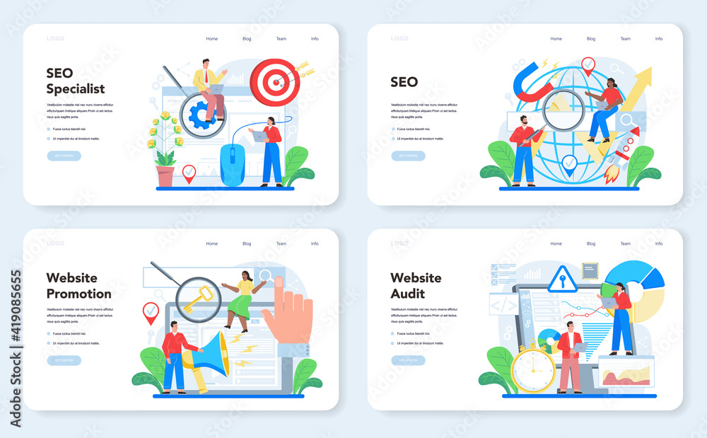 SEO specialist web banner or landing page set. Idea of search engine SEO specialist web banner or landing page set. Idea of search engine