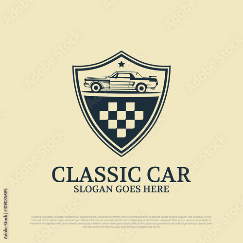 racing classic car logo design badge, service old car logo design premium vector