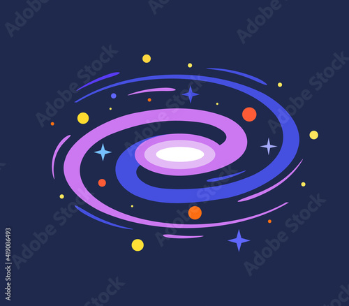 Beautiful glowing Andromeda Galaxy with planets around. Vector flat illustration