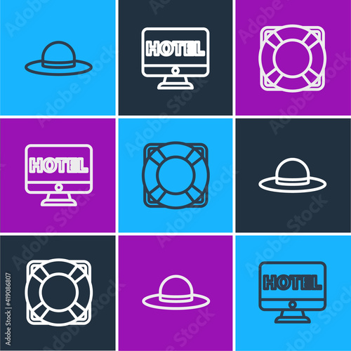 Set line Elegant women hat, Lifebuoy and Online hotel booking icon. Vector.
