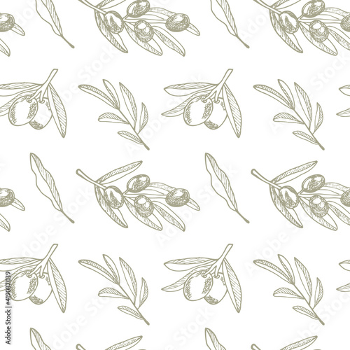 Seamless pattern with  olive branches and fruits for Italian cuisine design, extra virgin oil food, cosmetic product packaging wrapper.