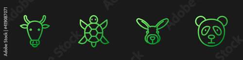 Set line Rabbit head, Cow, Turtle and Cute panda face. Gradient color icons. Vector.