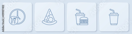 Set line Round the clock delivery, Paper glass and burger, Slice of pizza and with water. White square button. Vector.