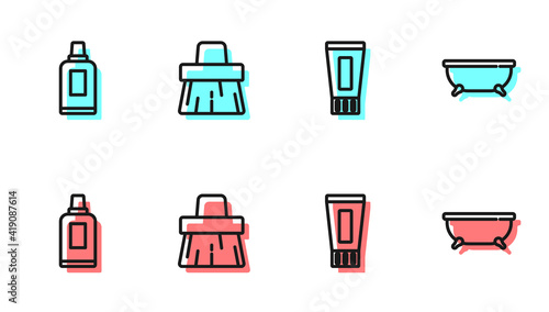 Set line Tube of toothpaste, Bottle for cleaning agent, Handle broom and Bathtub icon. Vector.