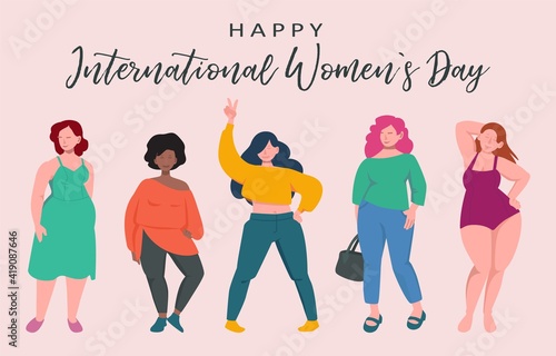 Diverse female characters. International womens day background, young girls feminist vector concept. Illustration female international, feminism sisterhood