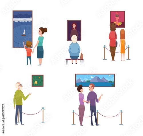 People and arts. Men women kids in museum, artistic exhibition vector illustration. Woman and man on art exhibition, gallery culture