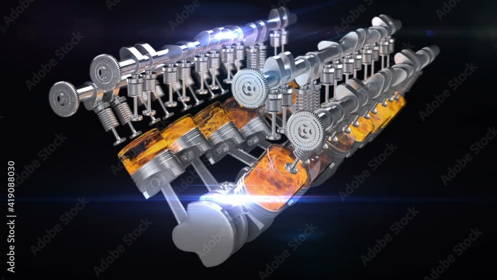 3D animation of working engine V12 with explosions and flames. Movement