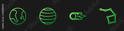 Set line Comet falling down fast, Earth globe, Planet Venus and Great Bear constellation. Gradient color icons. Vector.