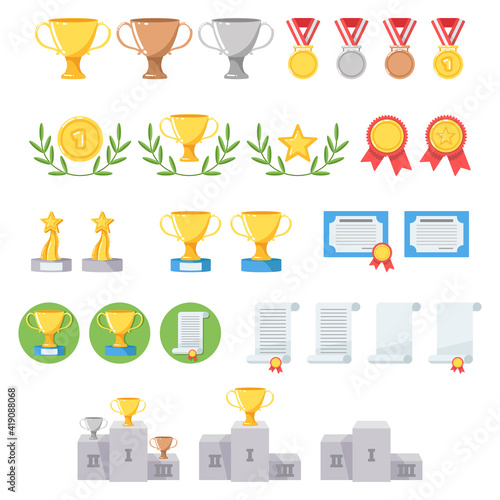Gold Cup. Medal. First place. Silver for second, bronze for third. Diploma. Paper scroll. Star shape statuette. Podium. Winning places. Laurel. Flat minimalistic design. Icons. Isolated clipart set