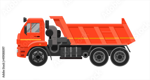 Dump truck. Heavy truck with bodywork, machine at a construction site, special transport, side view flat vector illustration