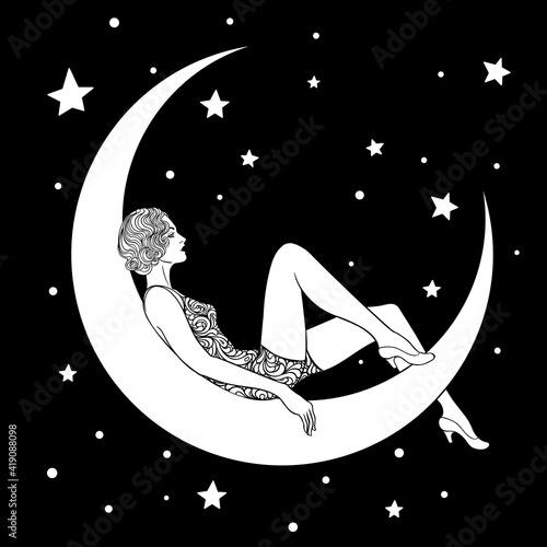 Pretty woman sitting on vintage paper crescent moon. Flapper girl. Retro party invitation design. Vector illustration. Beaty in art deco style. Retro fashion, glamour lady of twenties.